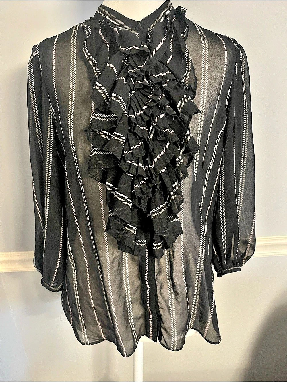 Sheer black /white striped blouse  with cascading ruffle size small